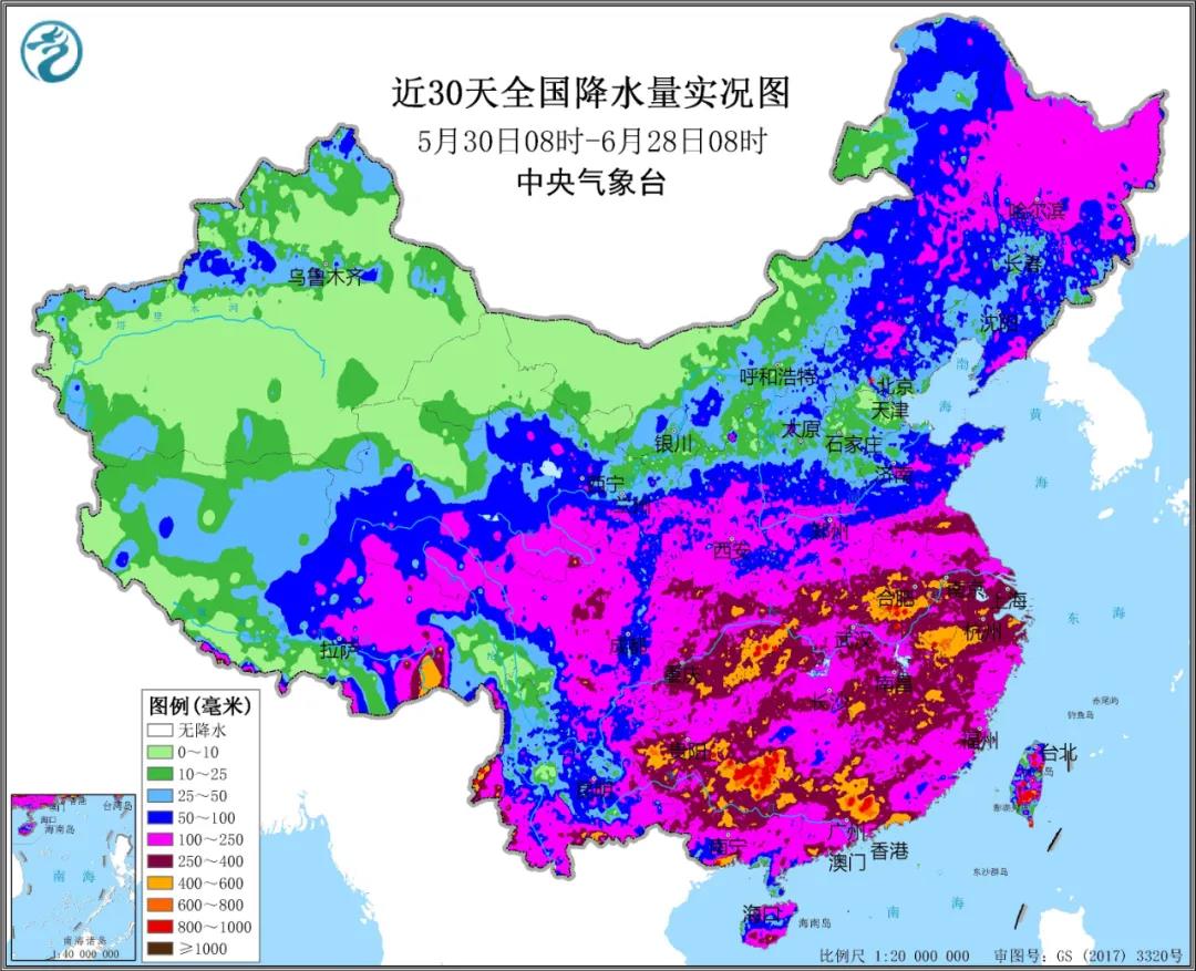 ▲圖為近30天全國(guó)降水實(shí)況圖。來(lái)源：中央氣象臺(tái)